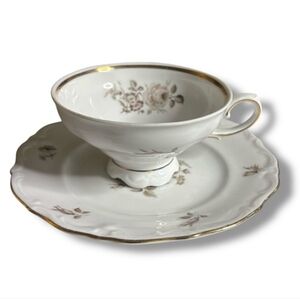 ROYAL M Bavaria Germany Footed Gilded Floral Teacup & Saucer VINTAGE